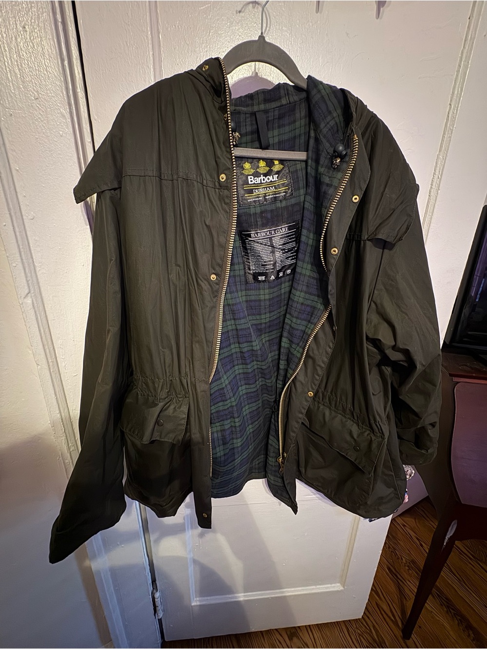 Barbour “Durham” Dark Olive Hooded Field Jacket with Tartan Lining